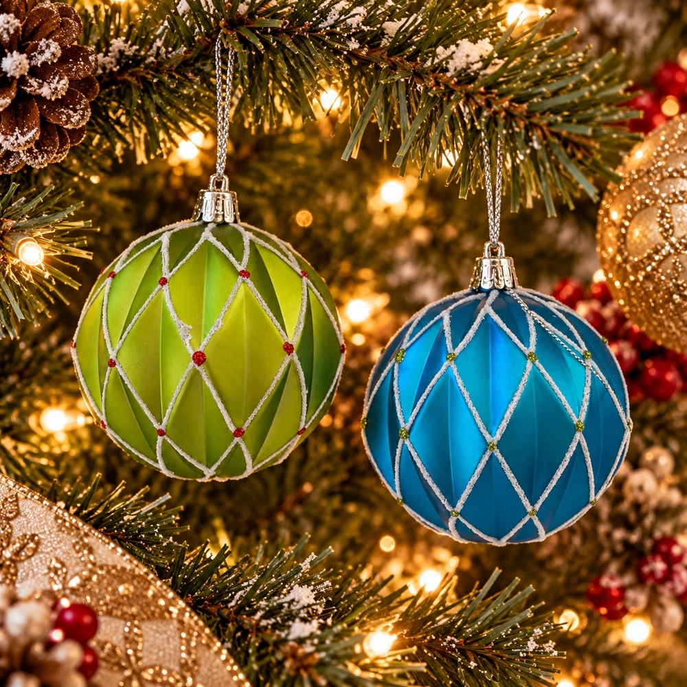 Pair Green & Blue Caged Decorative Ball Ornaments Christmas Holiday Decor